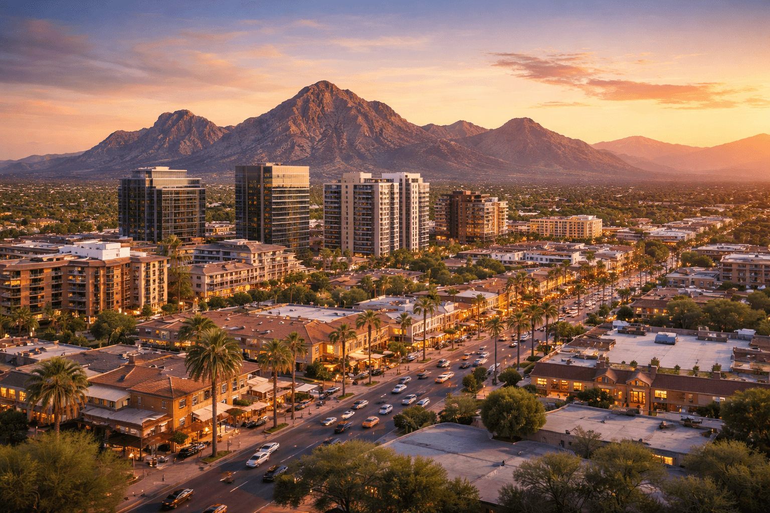Scottsdale Arizona skyline at golden hour with Camelback Mountain